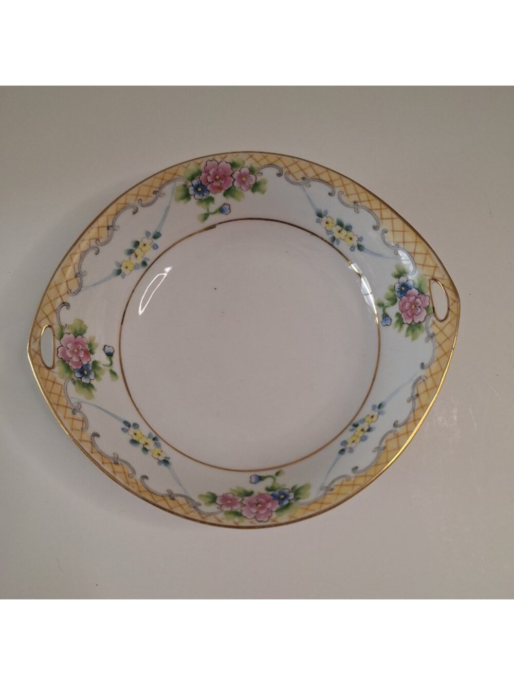 ANTIQUE HAND PAINTED NIPPON PORCELAIN BOWL DOUBLE HANDLES FLORAL CANDY DISH